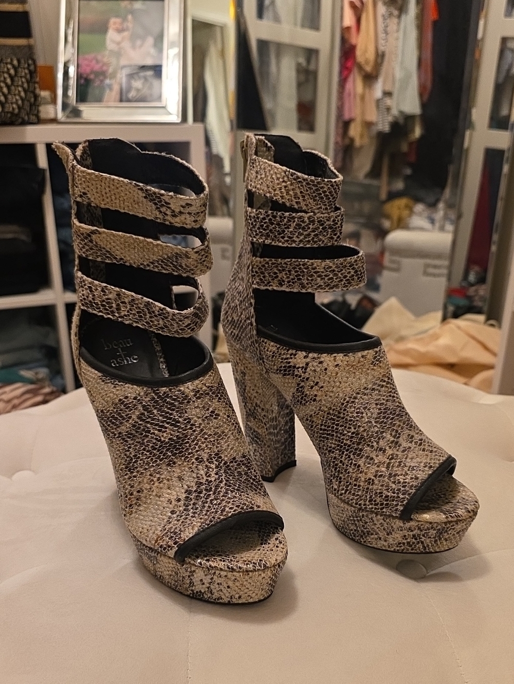 beau ashe - Snake-Print Strappy Peep-Toe Platform Heels